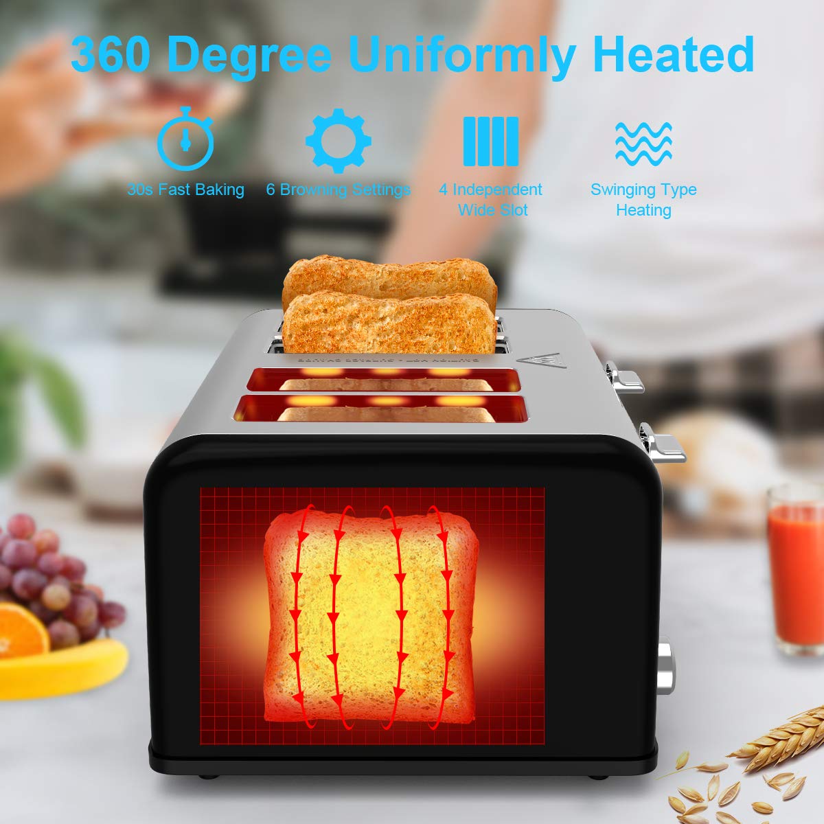 Morpilot Toaster edelstahl mit 4 scheiben 1600 Watt, 6 Bräunungsstufen und 3 Kochfunktionen