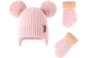 FENELY 2Pcs Kids Winter Hat Gloves Set for Ages 2-6-10 Boys Girls, Knit Thick Warm Fleece Lined Thermal Sets