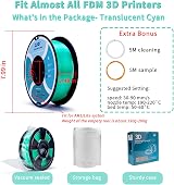 ZIRO PLA Filament 1.75mm Translucent Cyan 1kg for FDM 3D Printers view 5