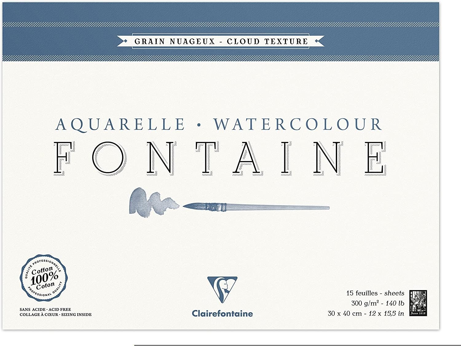 Clairefontaine - Ref 96422C - Fontaine Cloud Texture Watercolour Glued Pad (15 Sheets) - 30 x 40cm Size, 300gsm Paper - Suitable for Watercolour Artwork