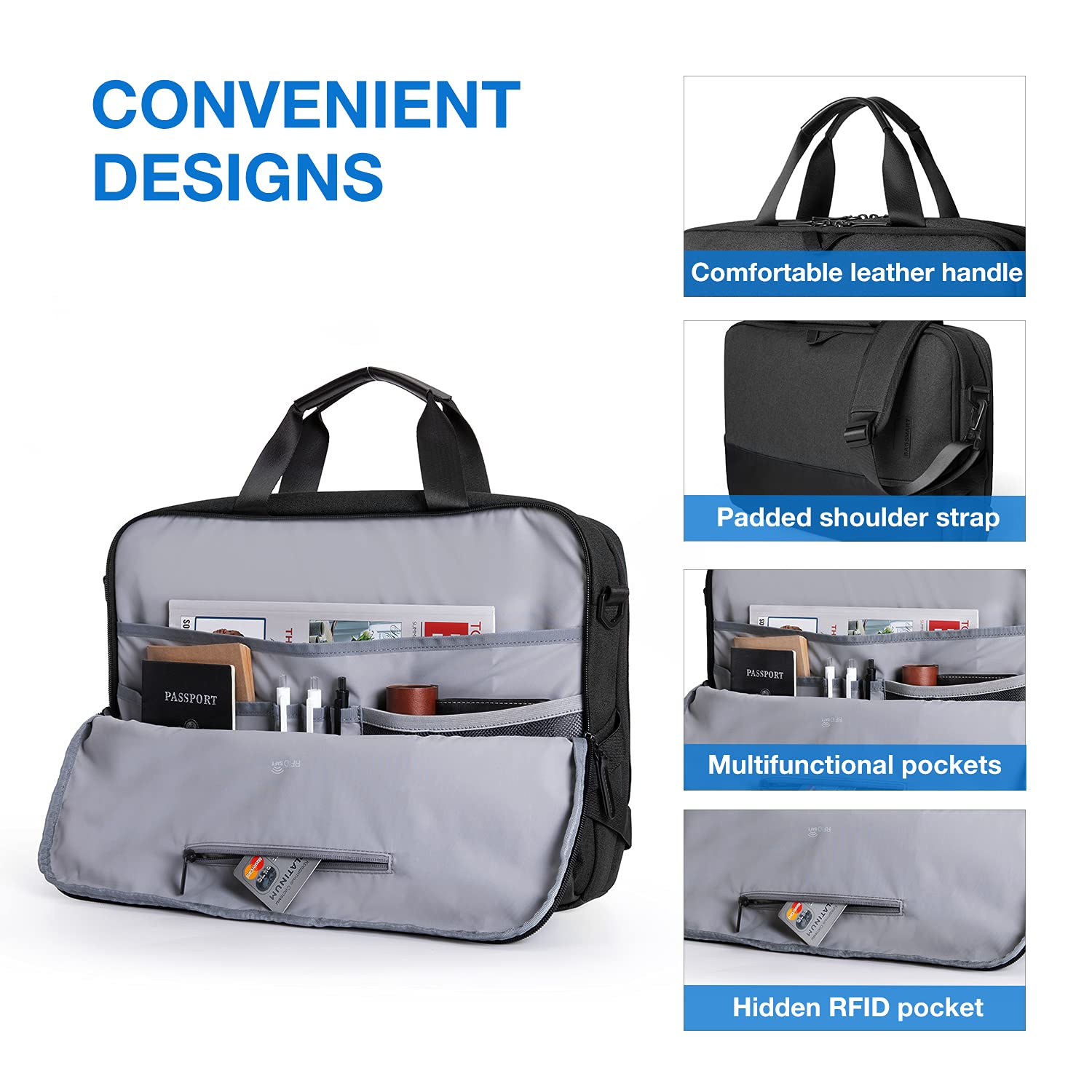 BAGSMART Laptop Bag, 15.6 Inch Computer Bag, Laptop Briefcase, RFID Blocking Messenger Shoulder Bag, Laptop Case for Men, Business, School, Travel, Black