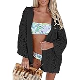 Yingkis Women's Lightweight Crochet Cardigan Sweaters Long Sleeve Open Front Knit Summer Boho Hooded Beach Cover up