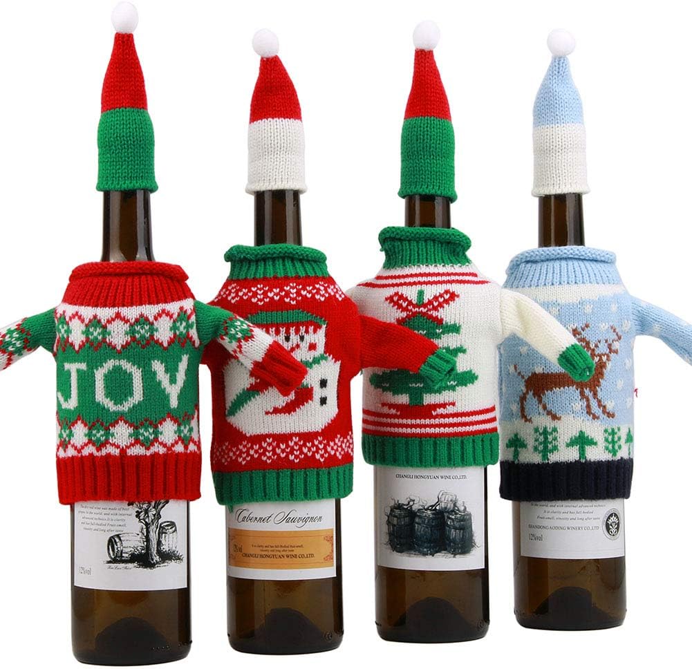 4 PCS Christmas Wine Bottle Cover Bags Ugly Sweater Wine Bottle Gift Bags for Holiday Décor Christmas Ornament and Home Party Decoration