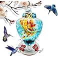 Hummingbird Feeder with Perch - Hand Blown Glass - Blue - 38 Fluid Ounces Hummingbird Nectar Capacity Include Hanging Wires a