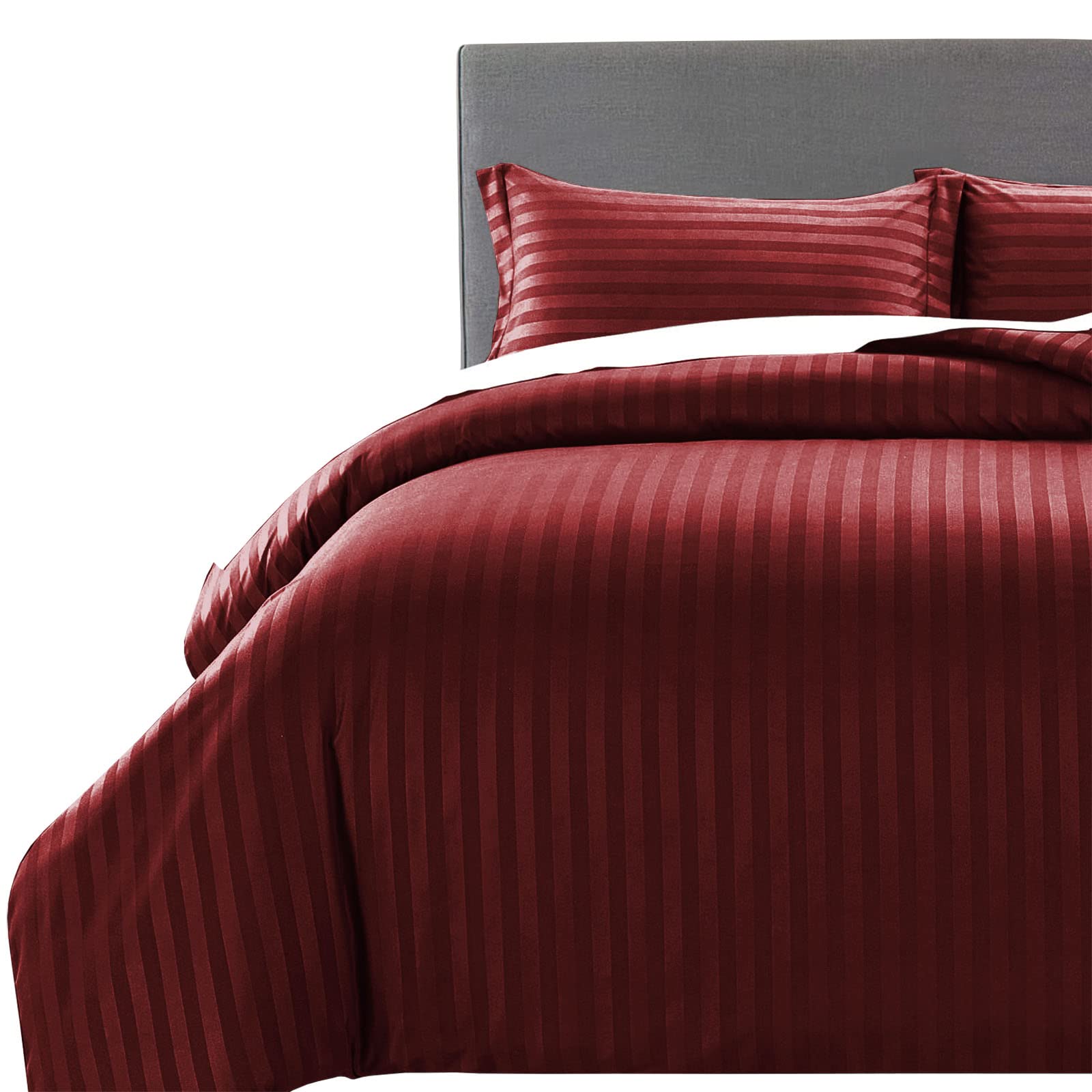 MOONLIGHT20015 Super King Duvet Set Reversible Stripes Satin Bedding Sets with 2 Pillowcases Soft Hypoallergenic Duvet Cover (Burgundy 260x220)