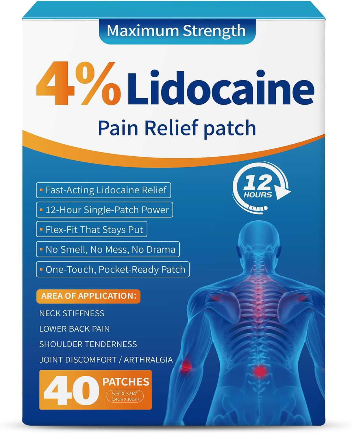 LOVPTFER 4% Lidocaine Pain Relief Patches Maximum Strength, 12-Hour Long-Lasting Relief for Back, Neck, Shoulder & Joint Pain, Fast-Acting, 40 Count, 5.5" x 3.94" - Blue
