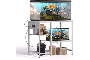 BEURUKU 40-50 Gallon Fish Tank Stand With Power Outlet & LED Light, Metal Aquarium Stand, 3 Tier Adjustable Storage Shelves for Reptile, Turtle, 36" L*18.5" W, White