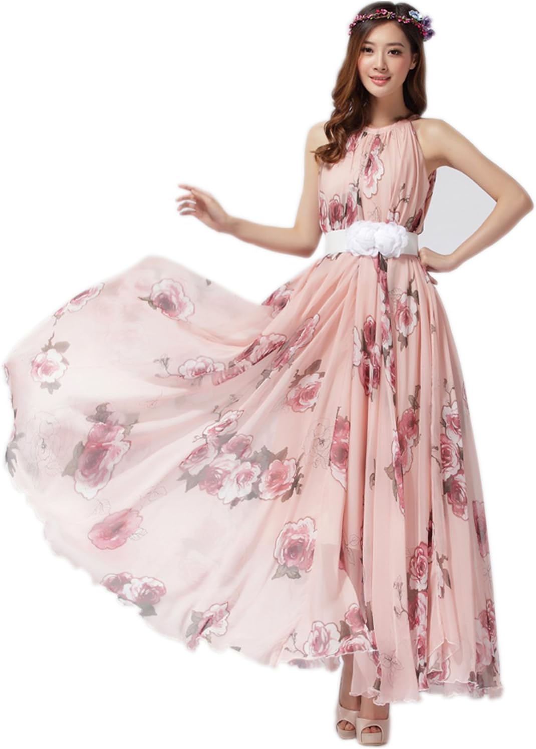 MedeShe Women's Chiffon Floral Holiday Beach Bridesmaid Maxi Dress Sundress