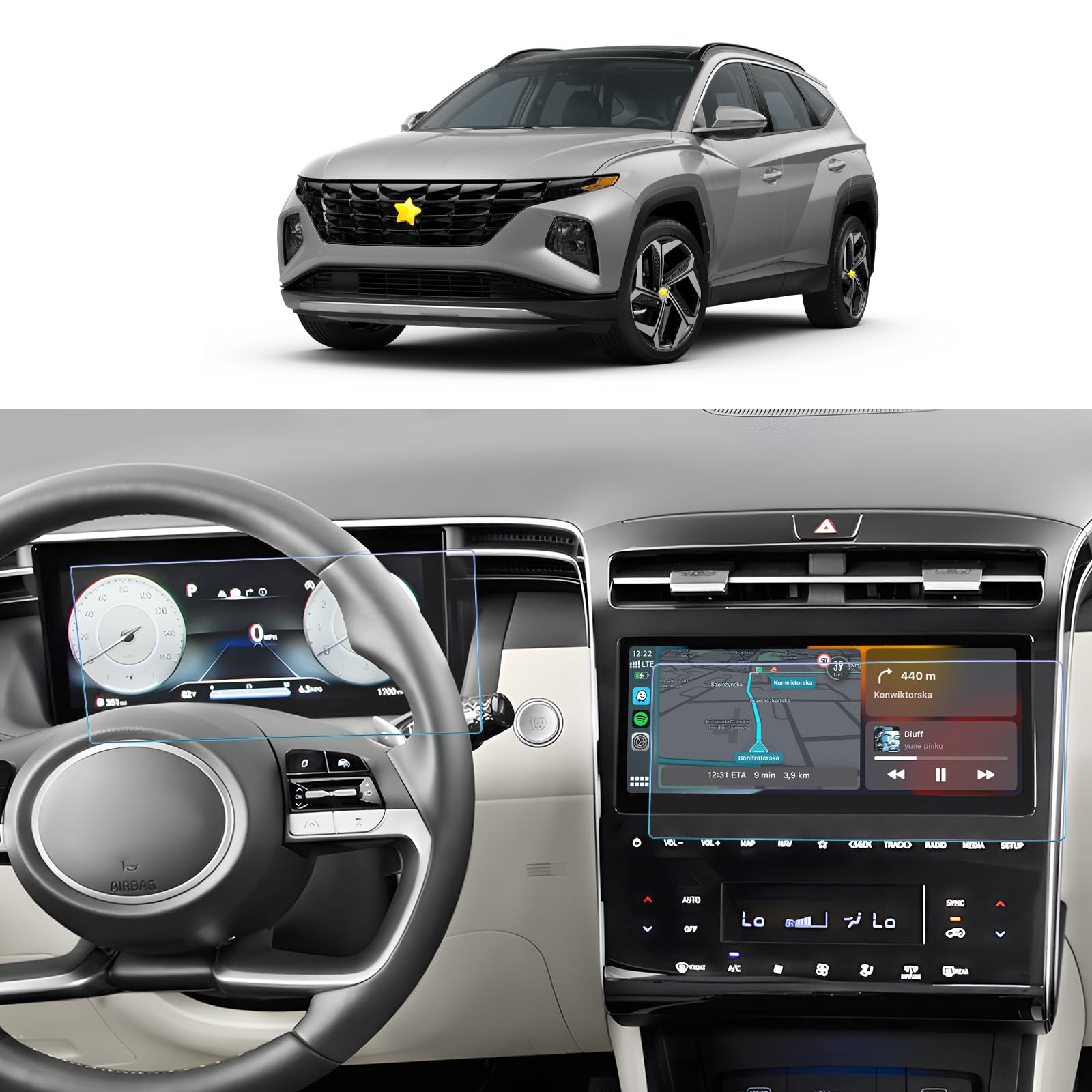 SKTU Screen Protector Compatible with Hyundai Tucson NX4 2021-2024 Matte Tempered Glass Screen Protector Scratch-Resistant Anti-Fingerprint 10.25 Inch (Navigation + Dashboard)