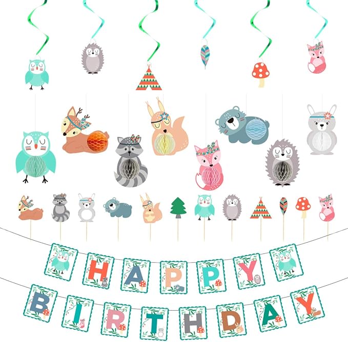 Amosfun Foret Animal Anniversaire Partie Decorations Animaux Des Bois Joyeux Anniversaire Banniere Gateau Toppers Suspendus Tourbillonne Jungle Animal Fete Fournitures Pour Anniversaire Baby Shower Decoration De Chambre D Enfant Ameublement Et