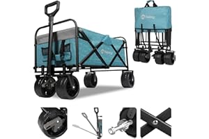 Sekey Heavy Duty Foldable Wagon with 330lbs Weight Capacity, Collapsible Folding Utility Garden Cart with Big All-Terrain Beach Wheels & Drink Holders.Light Blue