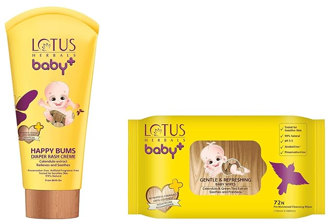 Lotus Herbals Baby+ Happy Bums Diaper Rash Cr�me, 100g and by+ Gentle and Refreshing Baby Wipes, Yellow (72 Count)