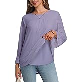 MAGICATELIER Women Boho Double Layered Crewneck Tunic Eyelet Tops Loose Fit Dressy Cute 3/4 Sleeve Casual Blouses Shirts 2026