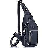 BULLCAPTAIN Genuine Leather Men Sling Crossbody Bag Multi-pocket Chest Bag Casual Travel Hiking Sling Backpack with Earphone Hole (Black)