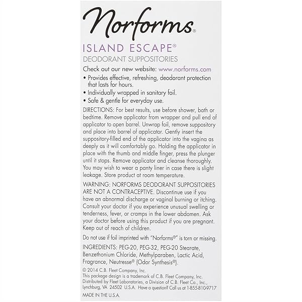 NORFORMS FEMININE DEODORANT SUPPOSITORIES, LONG LASTING ODOR CONTROL, ISLAND ESCAPE SCENT, 12 COUNT DEODORANT SUPPOSITORIES IN EACH BOX (PACK OF 3)