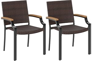 Tangkula Stackable Patio Wicker Dining Chairs Set of 2, Outdoor Rattan Cushioned Chairs with Acacia Wood Armrests & Metal Fra