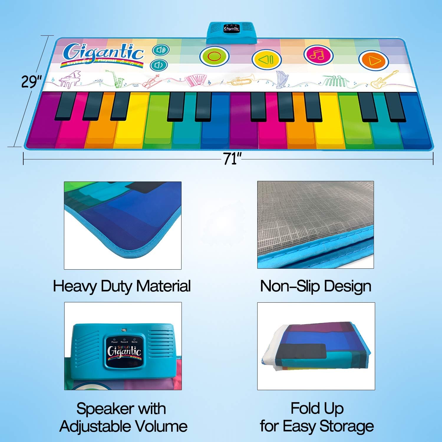 SUNLIN Giant Floor Piano Mat, 24 Keys Keyboard Play Mat, Jumbo Musical Instrument Toys Gift for Boys Girls Kids Toddlers (71"x29") - Dance Mat with Record, Playback, Demo, Education Toys for Age 3+: Toys & Games