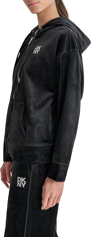 Casaco com capuz com fecho completo com logótipo Rhinestone, preto, M para mulheres