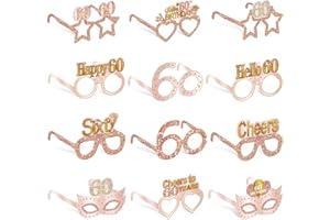 Guiruiy 24PCS 60th Birthday Paper Eyeglasses Decorations for Women, Pink Rose Gold Happy 60th Birthday Eyeglasses Party Supplies, Funny Sixty Year Old Birthday Glasses Photo Props Decor