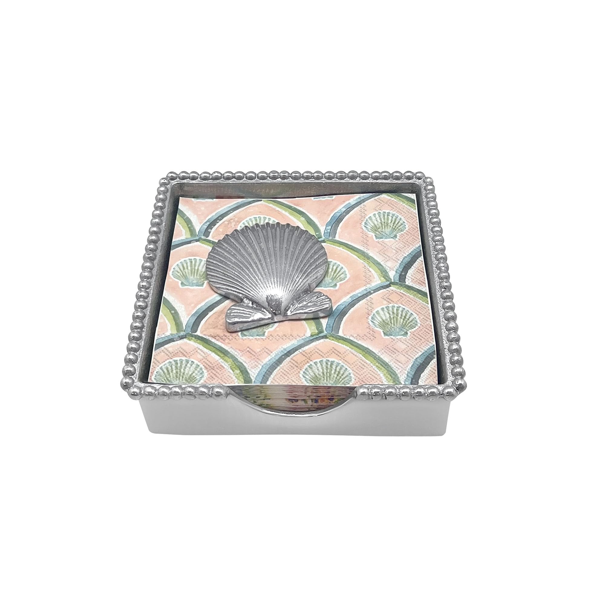MARIPOSA 2741-C Scallop Shell Beaded Napkin Box Set Handcrafted, Aluminum, Silver