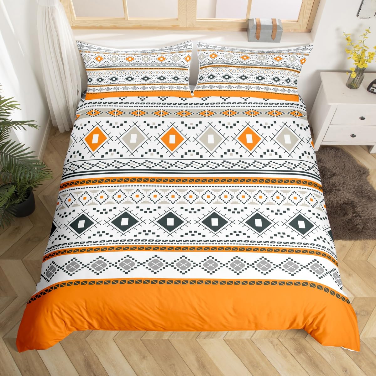 Boho Duvet Cover Set - Bohemian Bedding Set for Boys, Girls & Adults - Soft Reversible Plaid Cube Comforter with Zipper Closure - Double Size 1 Duvet Cover with 2 Pillowcases