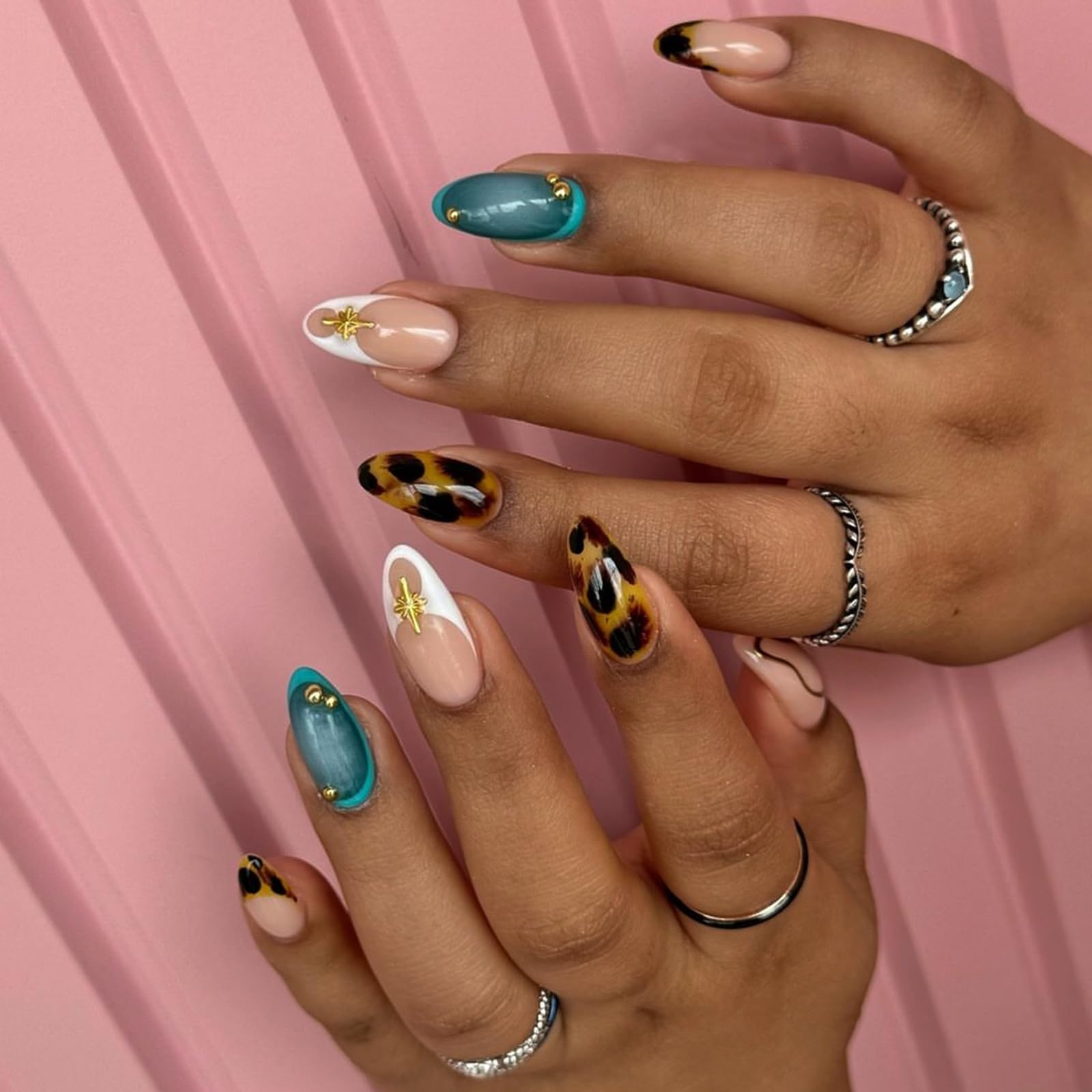 IMRAIN Press on Nails Medium Almond Fake Nails Brown Leopard Print & Blue Ombre False Nails Glossy Glue on Nails Full Cover French Tip Stick on Nails Artificial Finger Manicure for Women Girls - Image 6