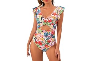 B2prity Women's One Piece Swimsuit Ruffle Cutout Bathing Suits Slimming Tummy Control V Neck Wrap Swimwear