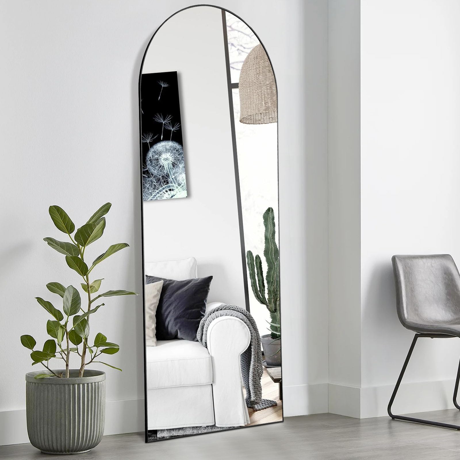 Photo 1 of OLIXIS Arched Full Length Mirror 59"x16" for Bedroom, Full Body Mirror with Stand, Hanging or Leaning for Wall, Aluminum Alloy Thin Frame Floor Standing for Living Room, Tall, Deep Black