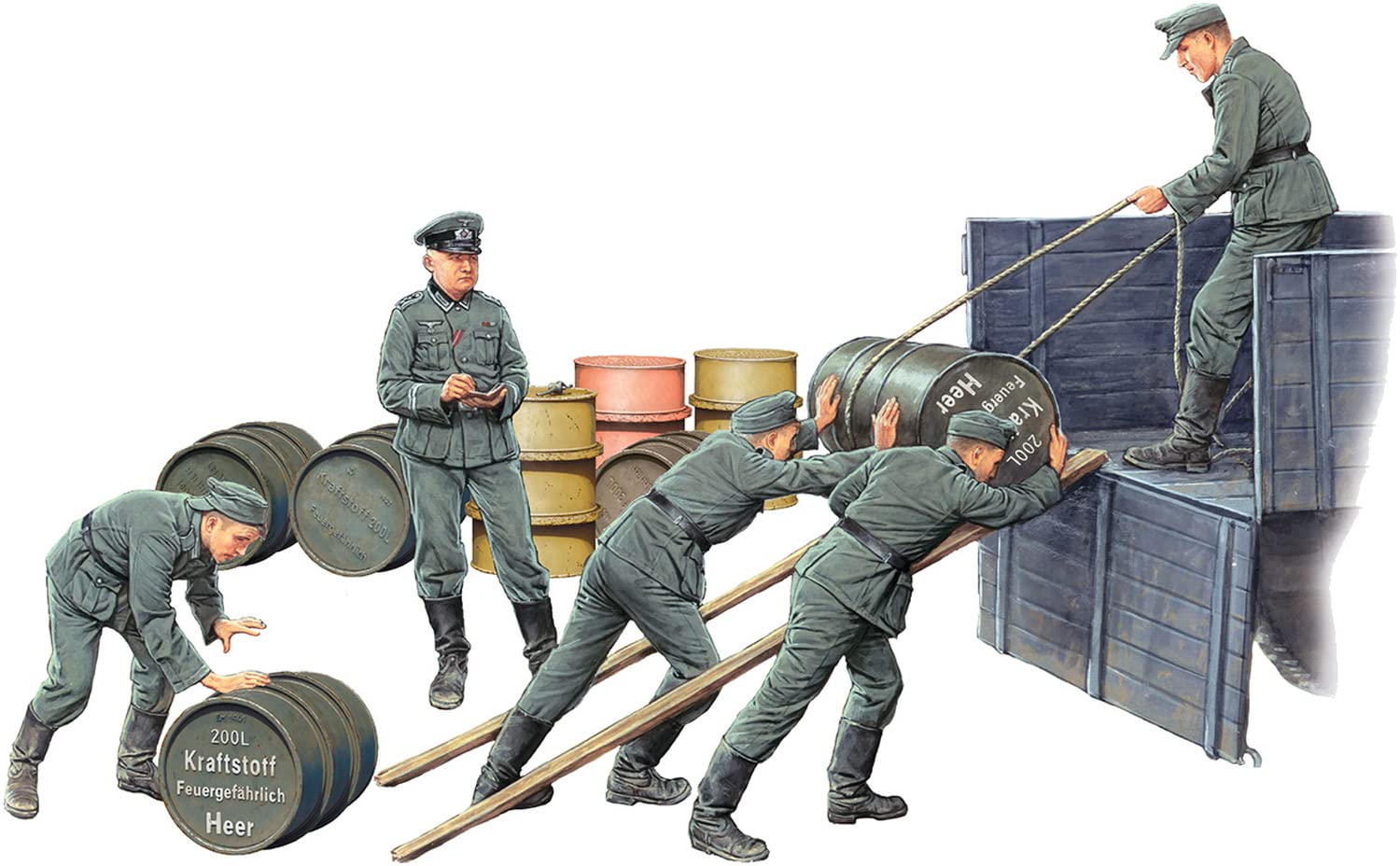 Miniart 1:35 -German Soldiers w/Fuel Drums Spec Edition, Molded Color