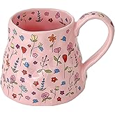 Large Ceramic Coffee Mug Pink Cute Flower with Big Handle, 20oz Girly Floral Tea Cup for Women Mothers Day Gifts, Novelty Irregular Oversized Mugs for Valentines Day Gifts for Her