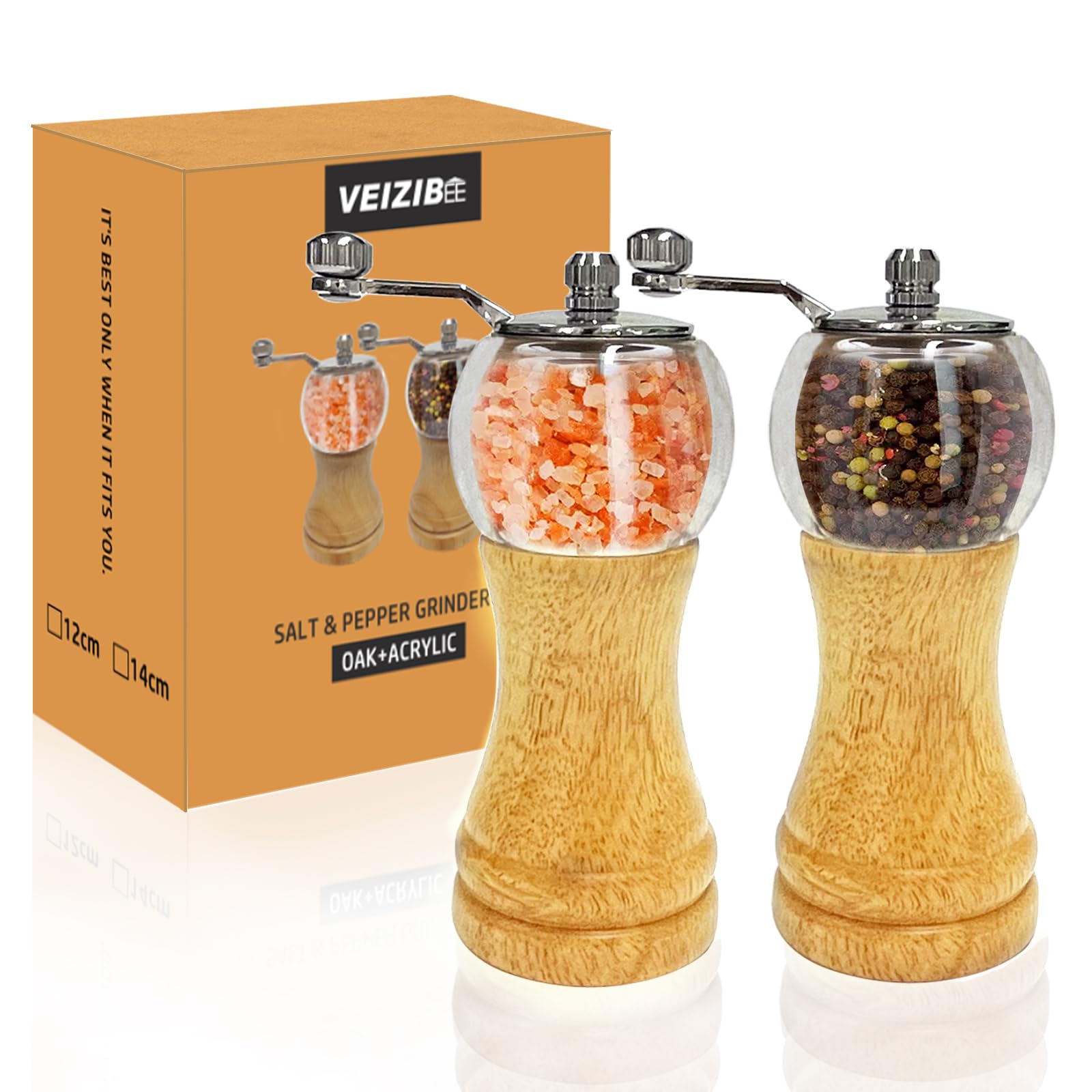 VEIZIBEE Manual Spice Mill, Salt and Pepper Mill Set, Wooden 2pcs-6in, Adjustable Ceramic Grinder, Mill for Salt, Pepper, Spices