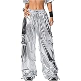 OYOANGLE Women's Metallic Drawstring High Waisted Y2K Cargo Pants Wide Leg Trousers Rave Joggers Streetwear