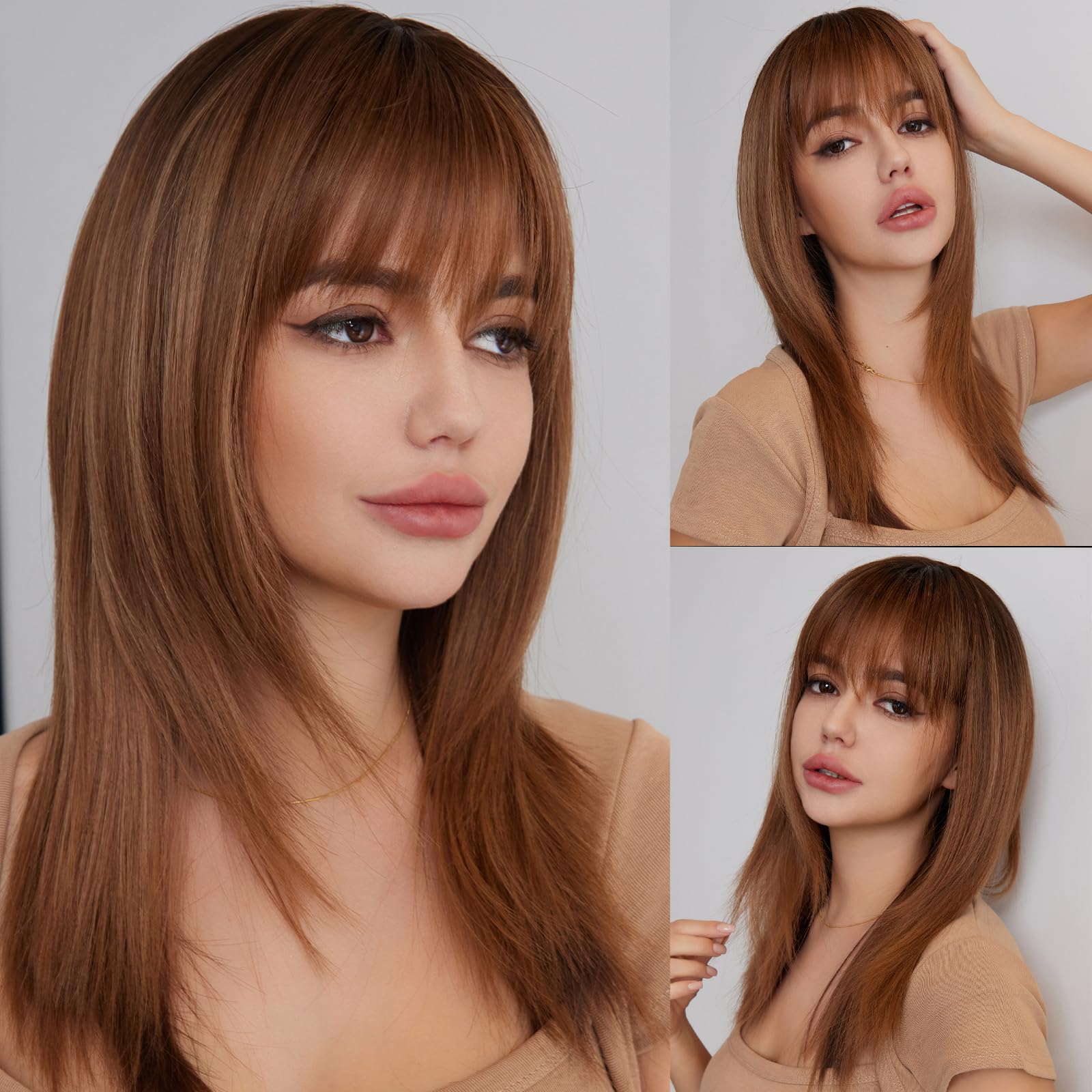 WOKESTAR Long Straight Wigs for Women with Fringe, Layered Synthetic Brown Color Wigs for Women — image 1