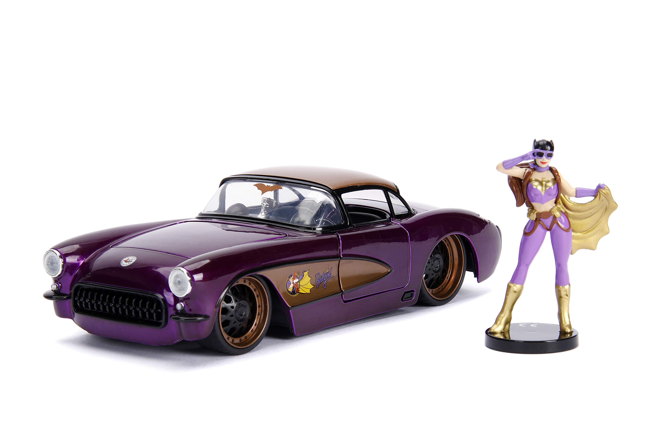 Jada Toys DC Comics Bombshells Batgirl 1957 Chevy Corvette Car Die-cast Door Boot & Bonnet Opening Includes Bat Girl Figure 1:24 Scale Purple Gold