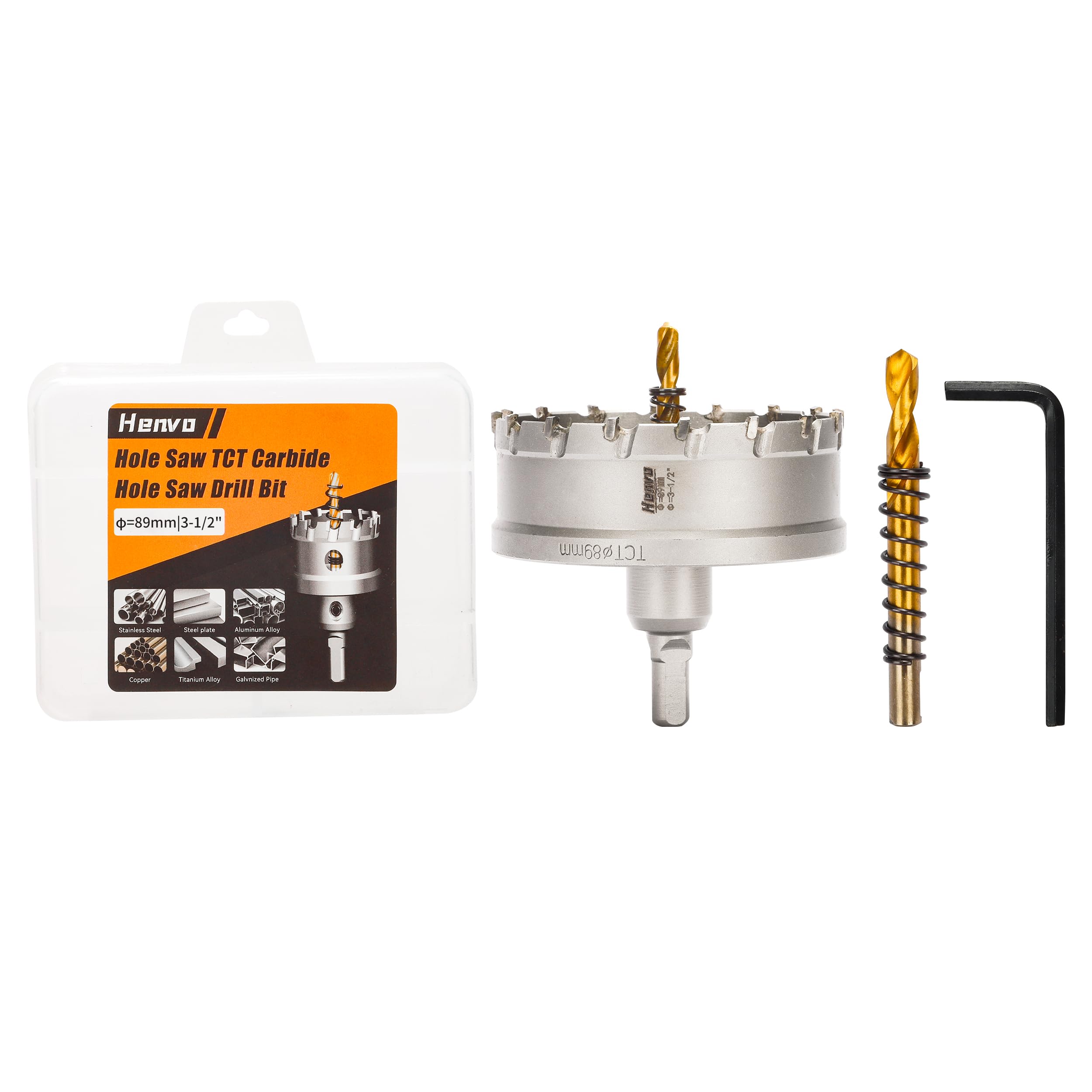 Photo 1 of Henvo Hole Saw 3-1/2" (89mm) Heavy Duty Carbide with 2 Pilot Drill Bits - Metal Hole Cutter Cuts Stainless Steel, Iron, Copper, Brass, Plastic