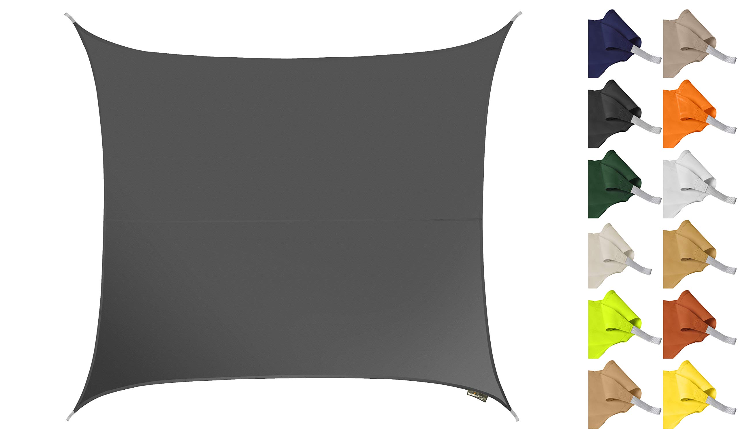 Kookaburra 3.6m Square Water Resistant Garden Patio Sun Shade Sail Canopy 96.5% UV Block with Free Rope (Charcoal)
