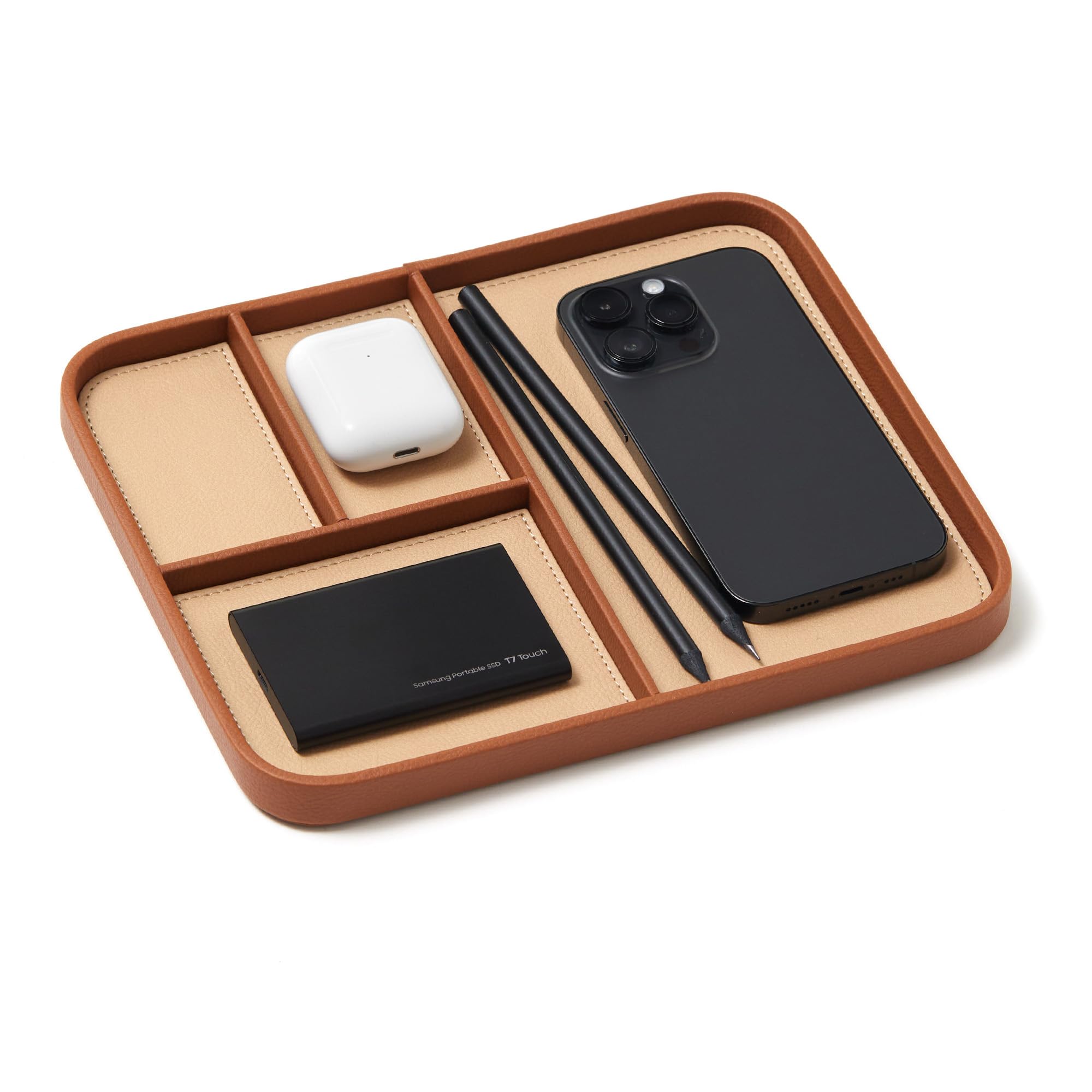 Nordik Leather Valet Tray - Sand Brown - 24 x 20 cm Medium Vegan Leather Tray for Entryway - Stylish Nightstand Organizer for Men - Modern Bedside Caddy - EDC Catchall for Keys Phone Wallet Jewellery