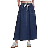 luvamia Denim Skirts for Women Trendy A Line Long Maxi Pull On Elastic Waist Drawstring Stretchy Jean Skirt with Pockets