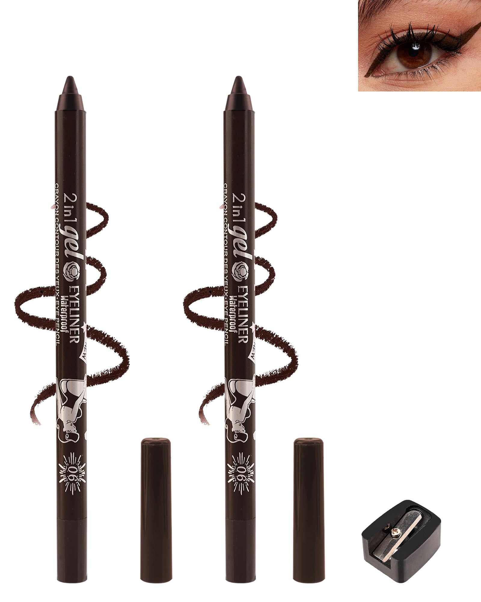 Brown Gel Eyeliner Pencil, 2Pcs Sharpenable Eye Liner Waterproof Smudge-proof Long Wear,Matte Gel Cream Texture,Intense Color Waterline Eyeliner Pen Makeup with Sharpener,Soft Eyeliners for Mature Eye