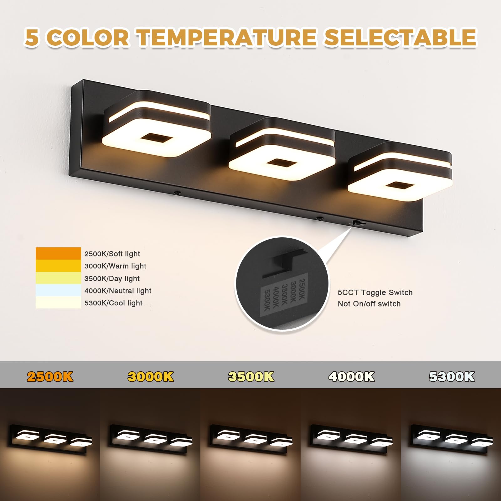 7Degobii Modern Bathroom Vanity Lights, 3-Light Dimmable LED Wall Sconce, Matte Black Vanity Light for Mirror, 5CCT Adjustable Vintage Bathroom Lighting Fixtures Over Sink