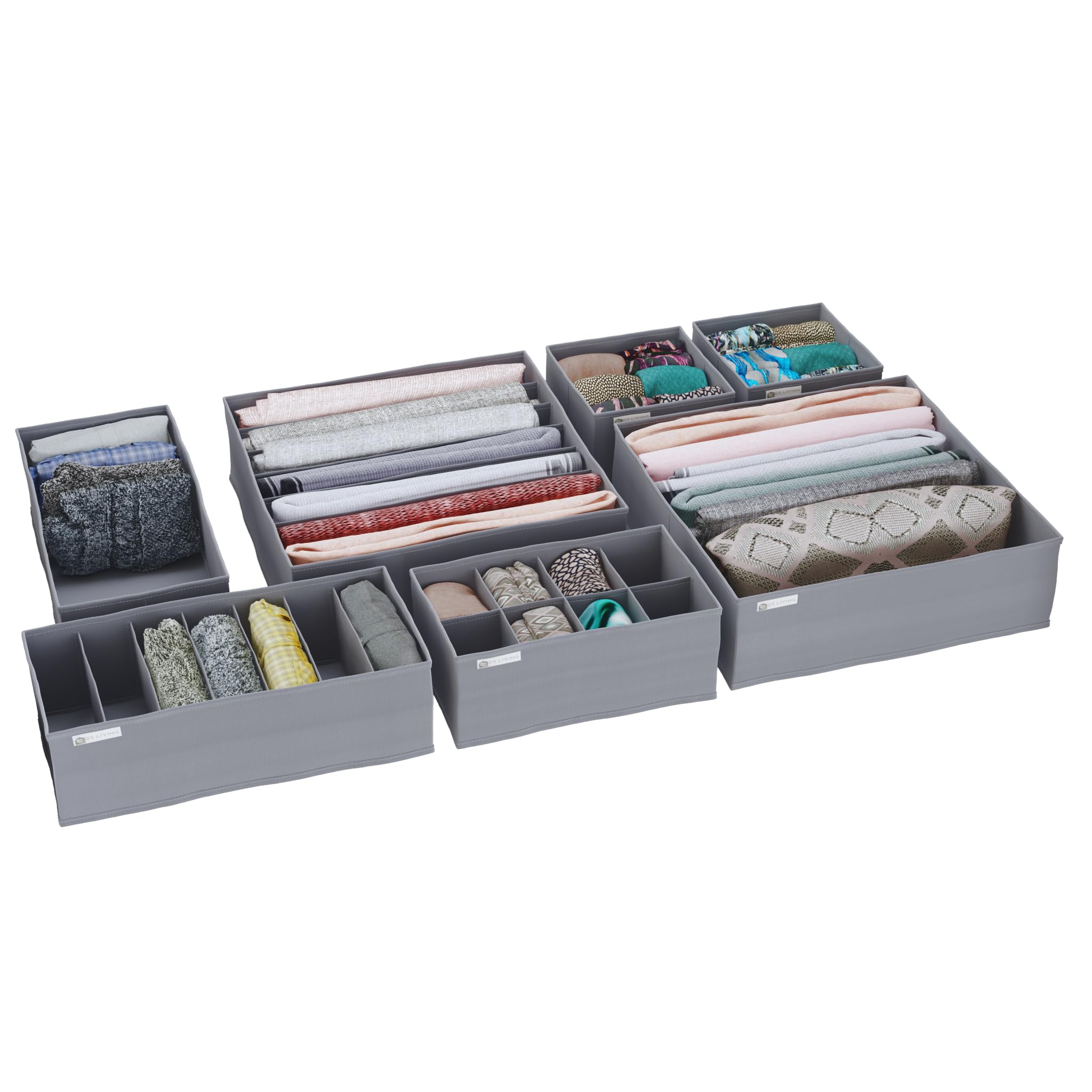 DS Living Folderable Drawer Organisers 4 & 7 Pack Wardrobe Dividers Collapsible Closet Cabinet Organizer Underwear Storage Boxes for Storing Socks, Bra, Grey (Set of 7 Deluxe)