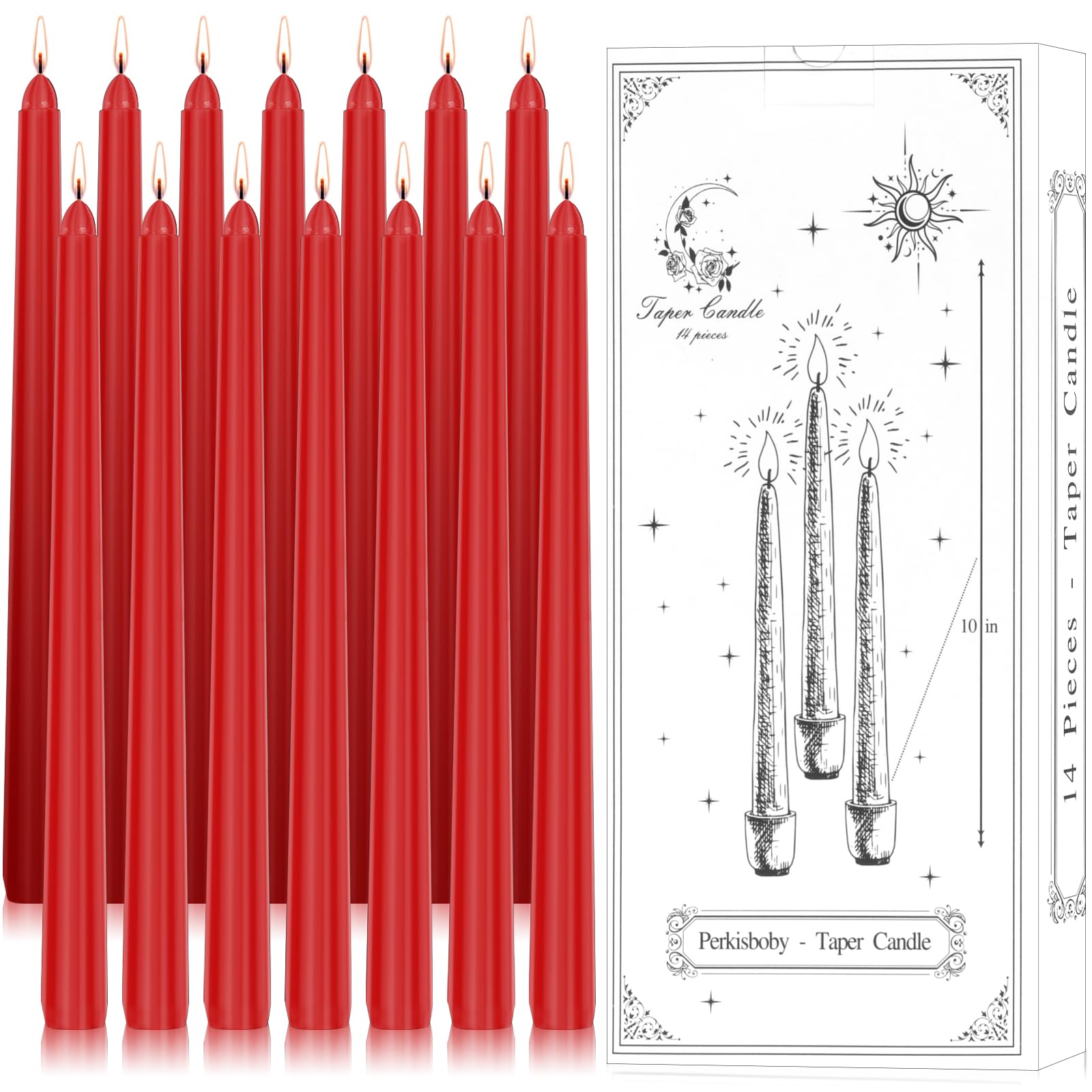 Photo 1 of Perkisboby 14 Pack Red Taper Candles 10inch, Unscented Dinner Candle Dripless Spell Chime Candles, 8 Hour Burn Time for Birthday Wedding Party, Christmas Valentine's Day or Home Decor