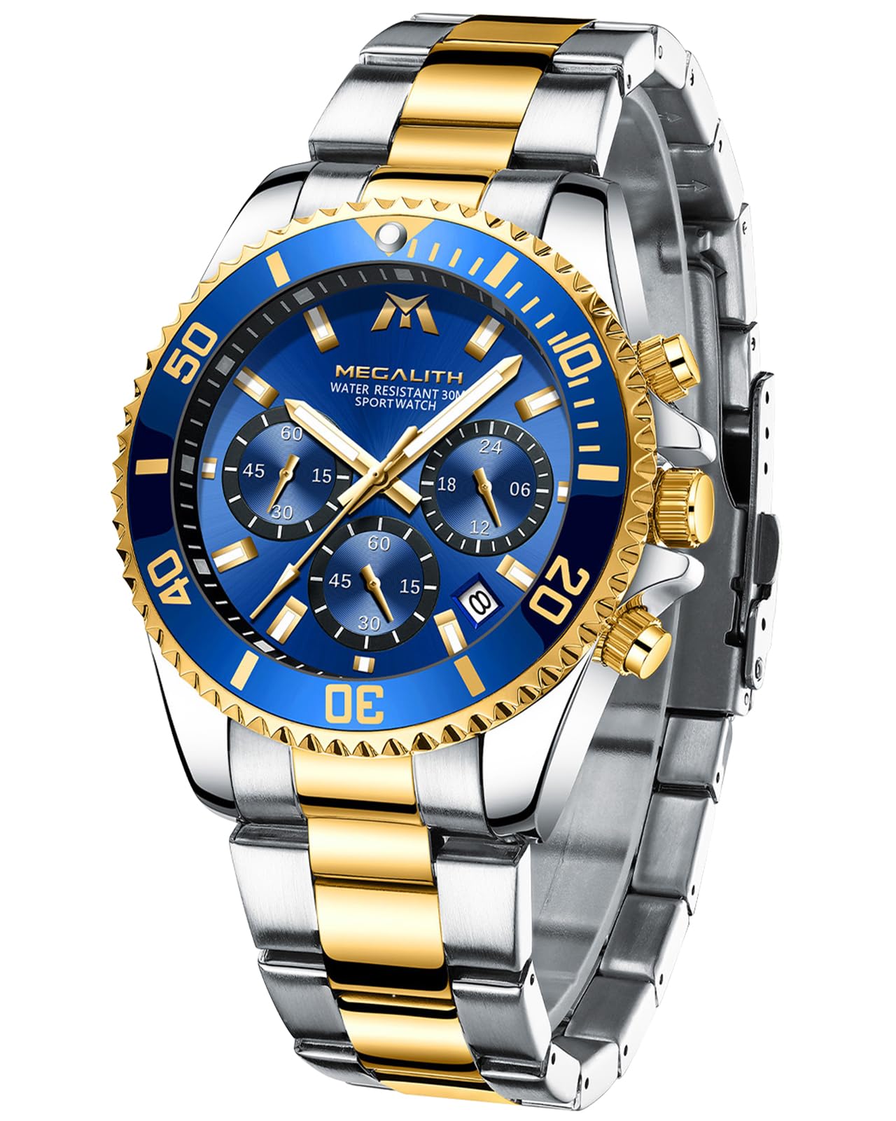MEGALITH Mens Chronograph Watches - Gold Stainless Steel, Waterproof Designer Blue Face, Analogue Luminous Date