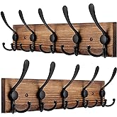 Kuhome 2pcs Coat Rack Wall Mount Wooden Hat Rack for Wall Hooks Pine Real Wood Plank 16.9" Brown Coat Hanger with 5 Triple Hooks for Hanging Coat Hat Jacket