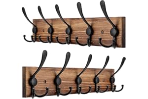 Kuhome 2pcs Coat Rack Wall Mount Wooden Hat Rack for Wall Hooks Pine Real Wood Plank 16.9" Brown Coat Hanger with 5 Triple Hooks for Hanging Coat Hat Jacket