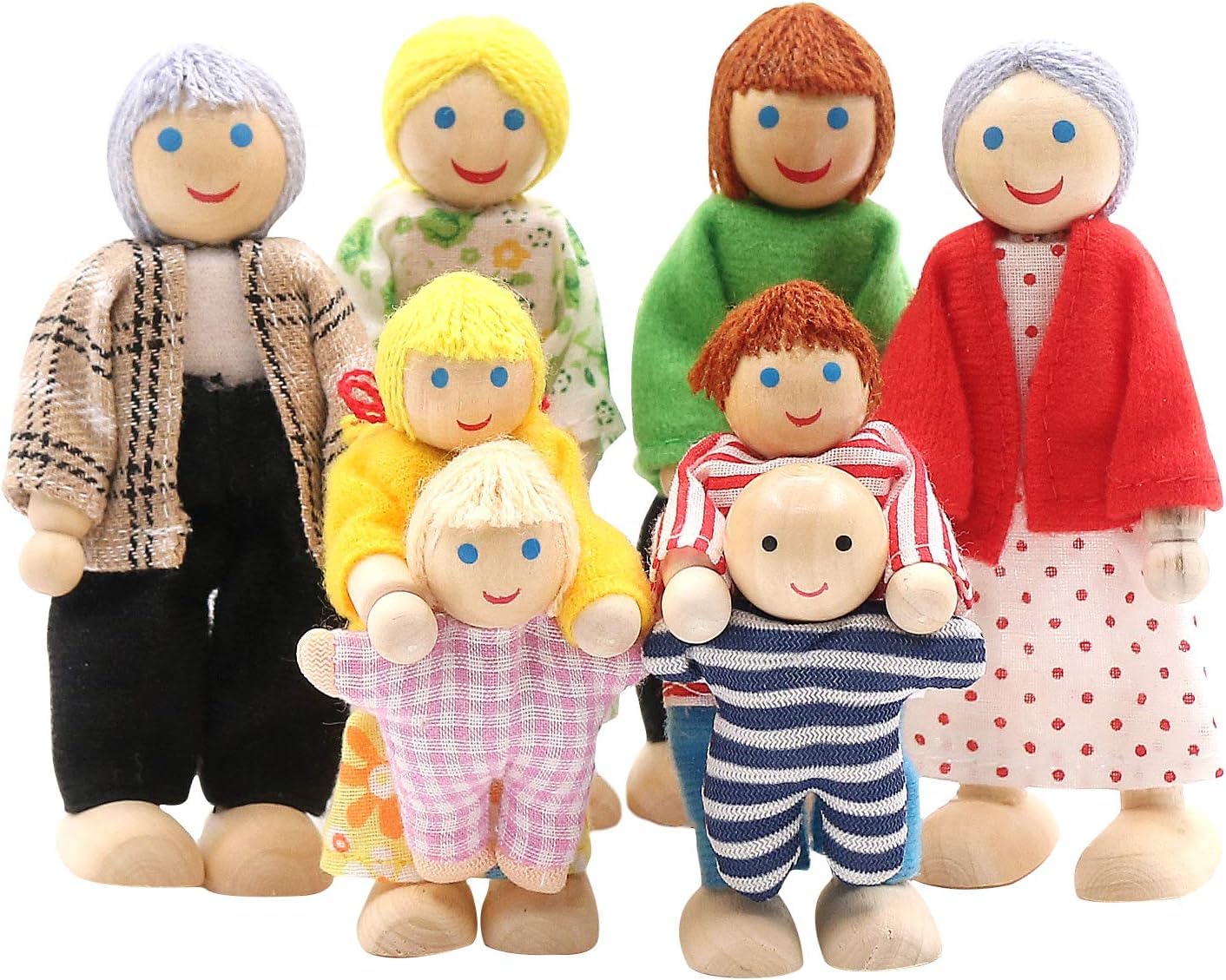 SumDirect Sets of 8 People Wooden Dolls House Family Dolls Toys, Lovely Happy Family Dolls Playset DollHouse Accessories for Doll House Kids Children Girls Toy