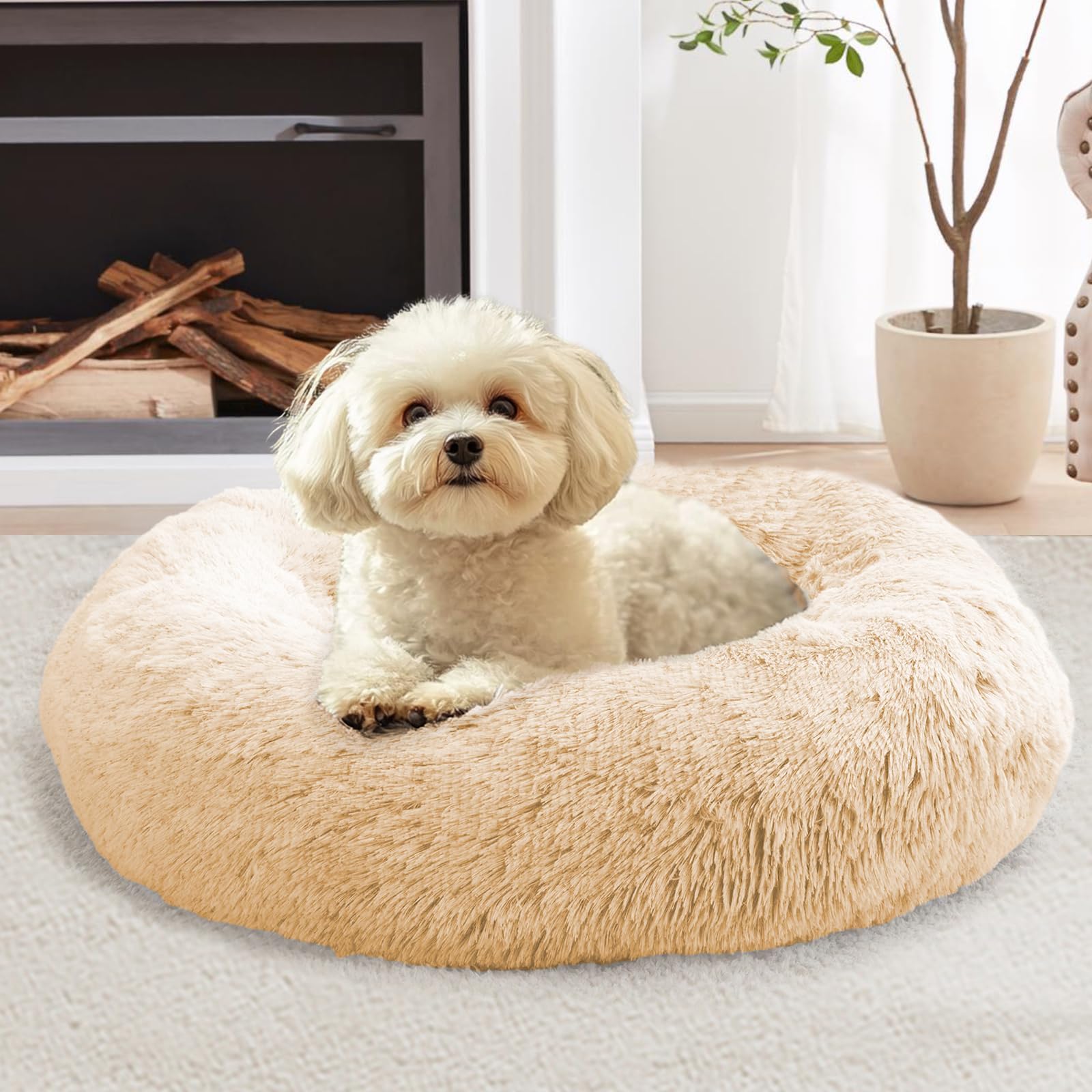 Photo 1 of JOLLYVOGUE Calming Dog & Cat Bed for Small Dogs, Anti-Anxiety Donut Cuddler Cozy Soft Round Bed with Anti-Slip Bottom, Fluffy Faux Fur Plush Cushion Beds for Small Medium Dogs (27")