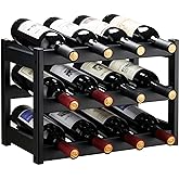 VASMIA Bamboo Wine Rack, Sturdy and Durable Wine Storage Cabinet Shelf, Wine Racks Countertop for Pantry,Kitchen,3-Tier 12 Bottles Wine Rack Black