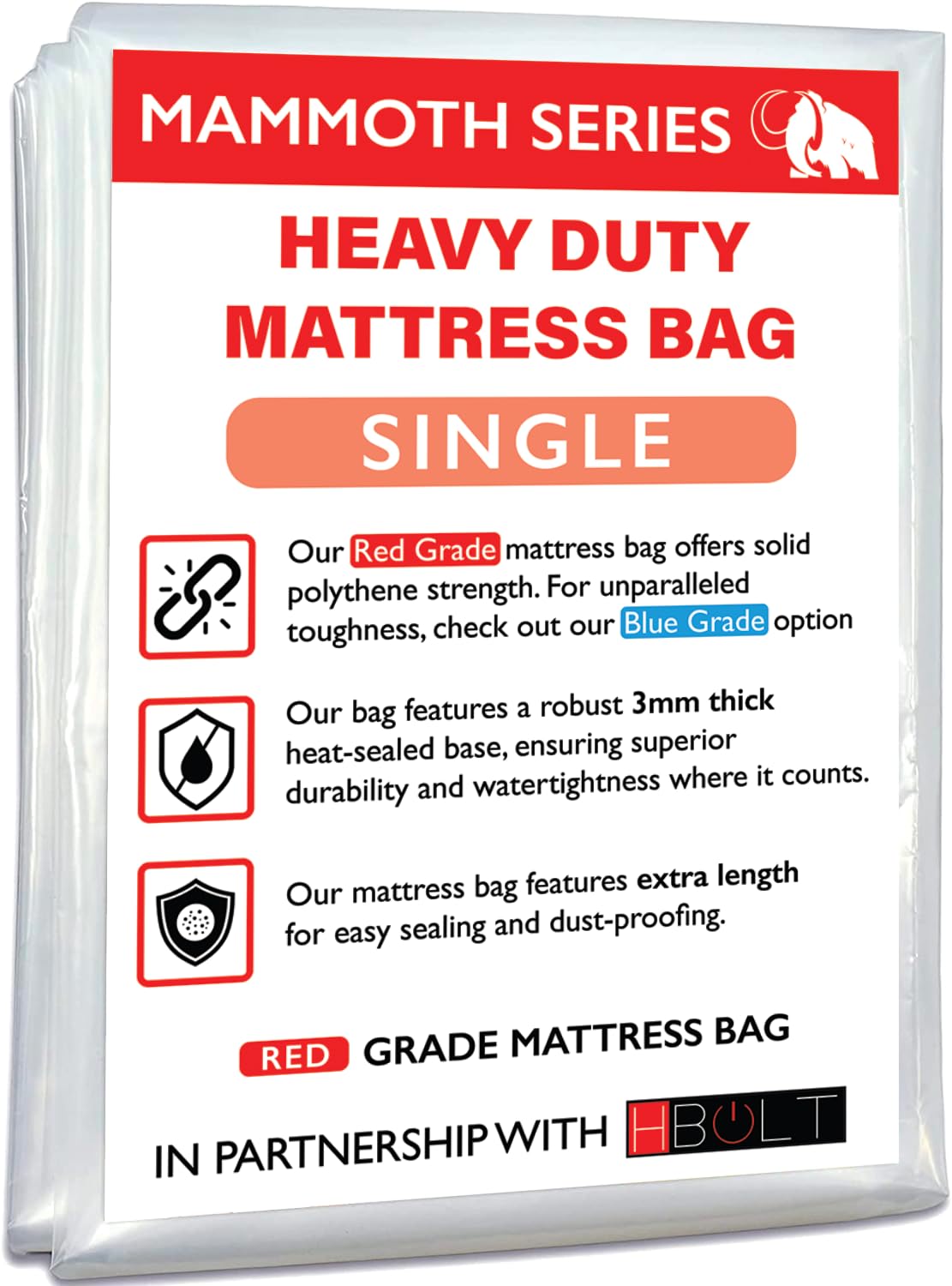 MAMMOTH Premium Mattress Storage Bag – Robust Protection for Moving & Storing – Shields Against Dust, Stains, and Pests (Single)