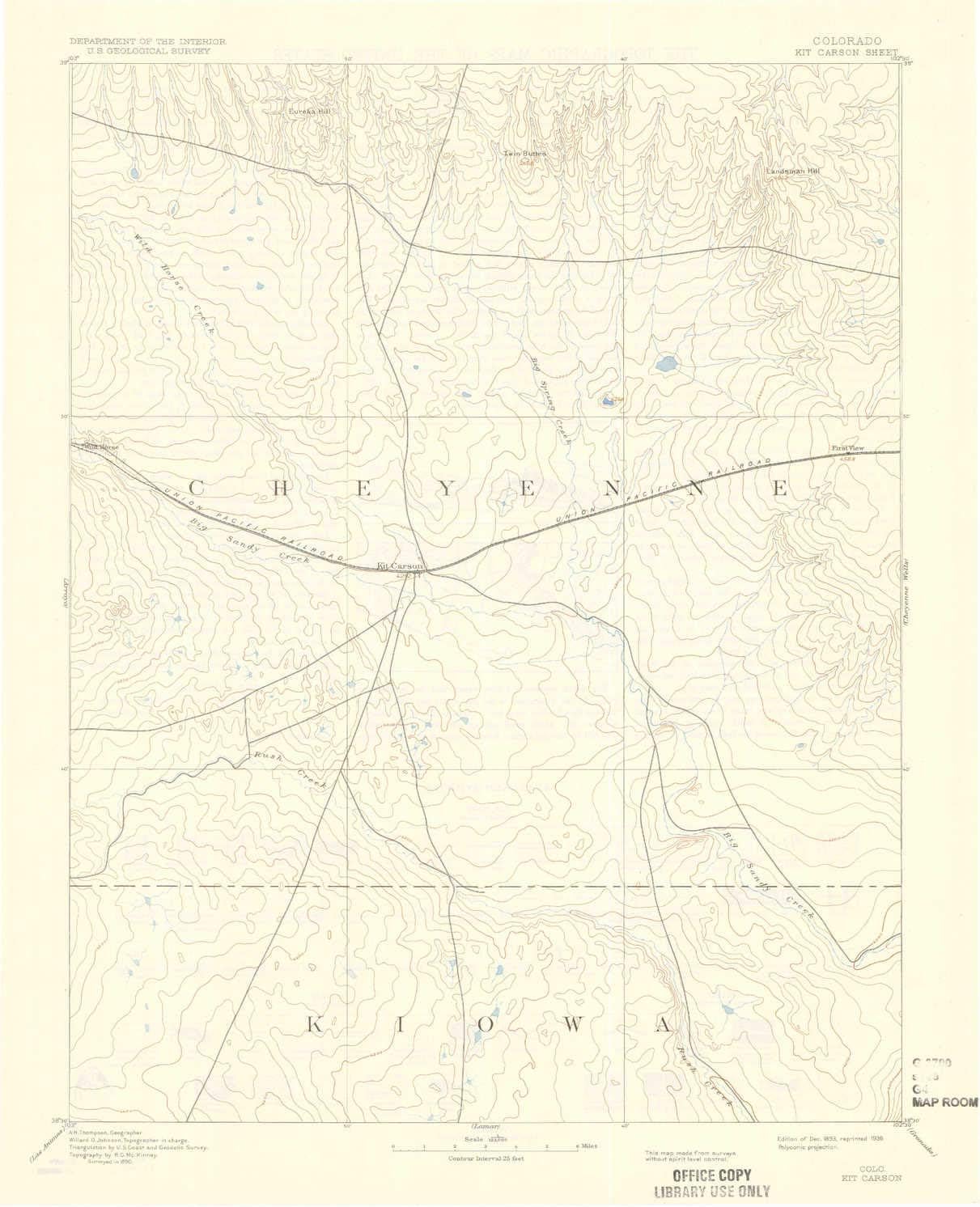 YellowMaps Kit Carson CO topo map, 1:125000 Scale, 30 X 30 Minute, Historical, 1893, Updated 1936, 20 x 16.2 in